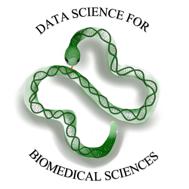 Data Science for the Biomedical Science cover photo of a snake with a DNA double helix body by Julia Chen.