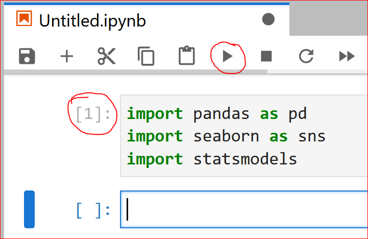 Executing code in a jupyter notebook that loads up Python packages. The code block will increment if the code has completed executing