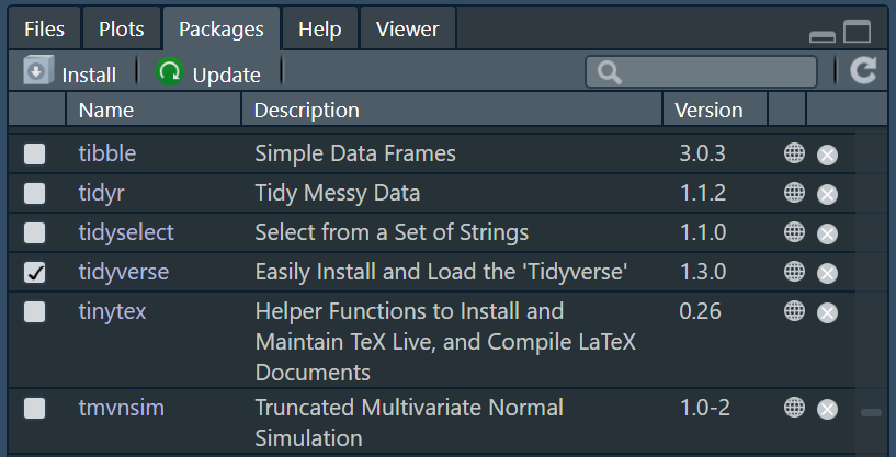 RStudio Packages tab in the bottom right quadrant with the tidyverse library checked off.
