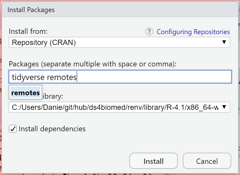 Install Packages dialog box after clicking the Install button showing how to install tidyverse library.